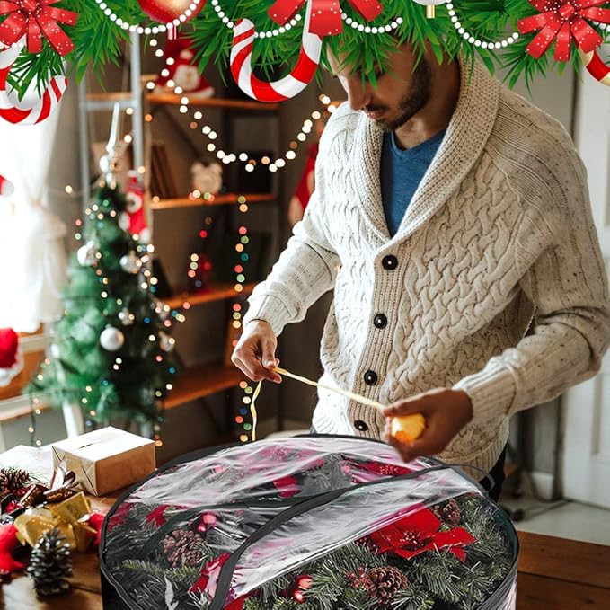 ProPik Christmas Wreath Storage Bag 30" - 2 Pack Clear Christmas Wreath Storage Container- Garland Holiday Artificial Wreath Storage Holder –Water Proof Transparent Clear PVC (30 Inch, Black)