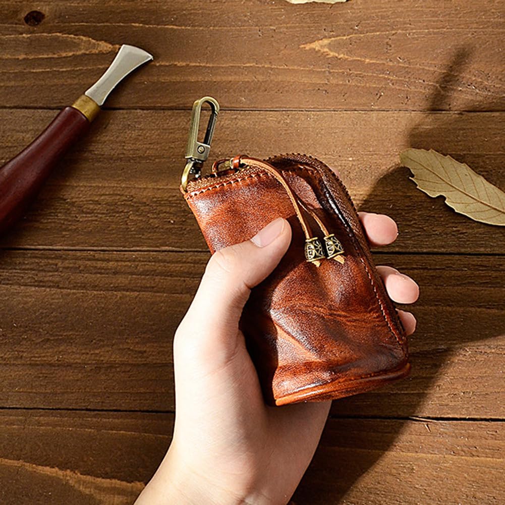 Yzikema 1 Pcs Leather Mini Medieval Pouch Keychain, Coin Organizer, Change Holder,Card Case, Genuine Leather Zipper Storage Bag for Men & Women
