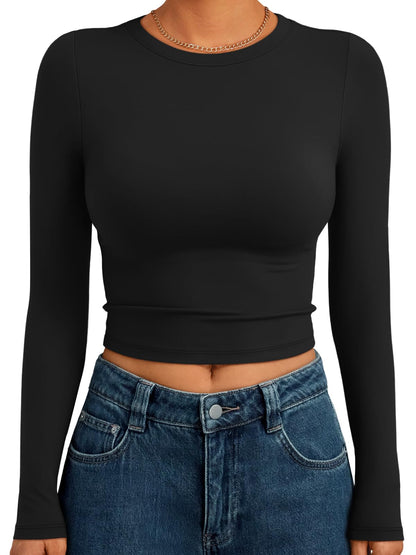 Trendy Queen Womens Long Sleeve Crop Tops Basic Slim Fitted Shirts Fashion 2025 Going Out Y2k Tops Teen Girl Clothes