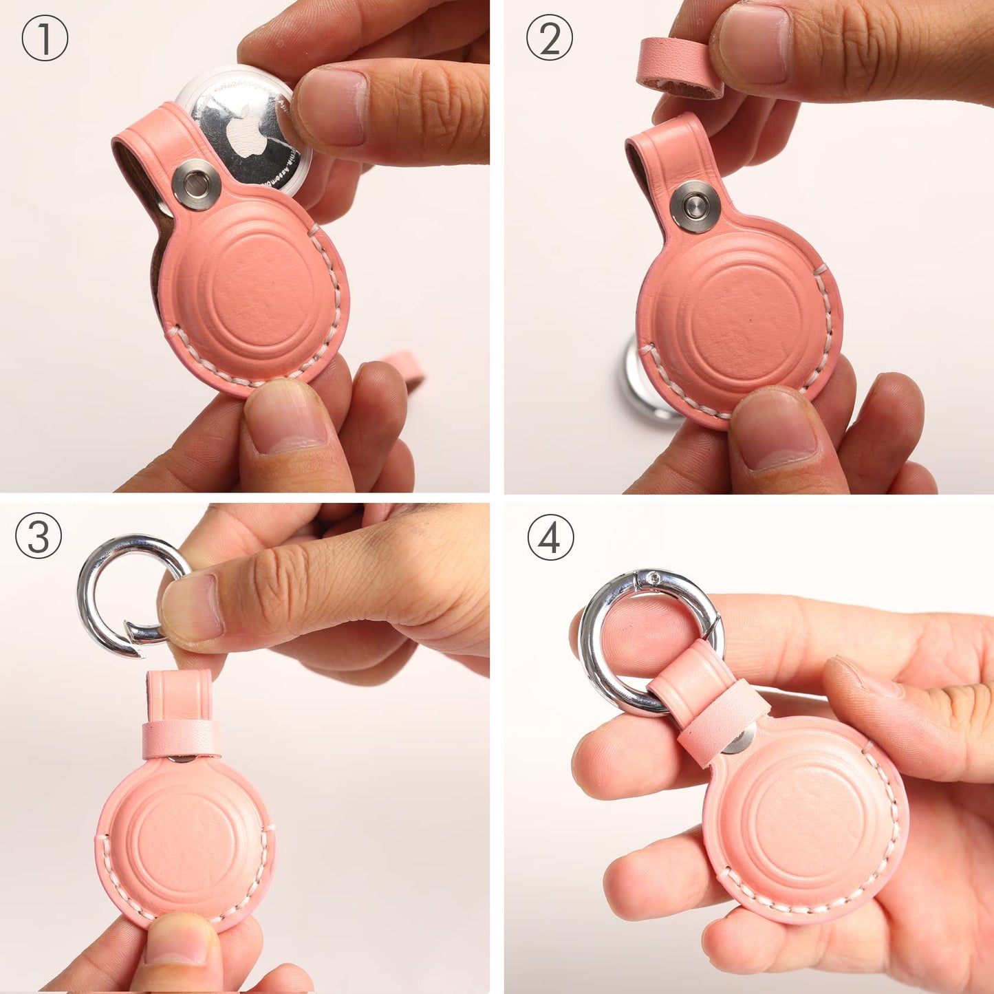 KEEPXYZ Genuine Leather Airtag Holder Suitable for Apple Airtag Keychain Leather, Small Air Tag Holder with Key Rings, Protective Airtag Case Cover Accessories (Pink V1.0)