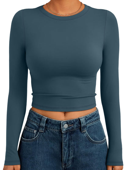 Trendy Queen Womens Long Sleeve Crop Tops Basic Slim Fitted Shirts Fashion 2025 Going Out Y2k Tops Teen Girl Clothes