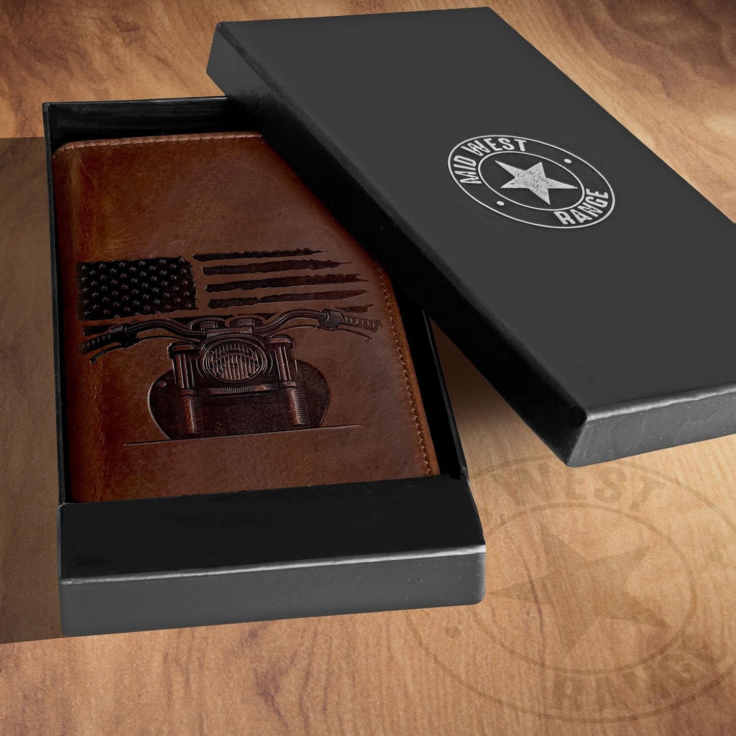 Father's Day Wallet - Tall Wallet w. Chain for Men, Patriotic Biker – Distressed Brown Leather, RFID Blocking, 10 Card Slots with ID Holder, Embossed Motorcycle & American Flag Design, 100% Leather.