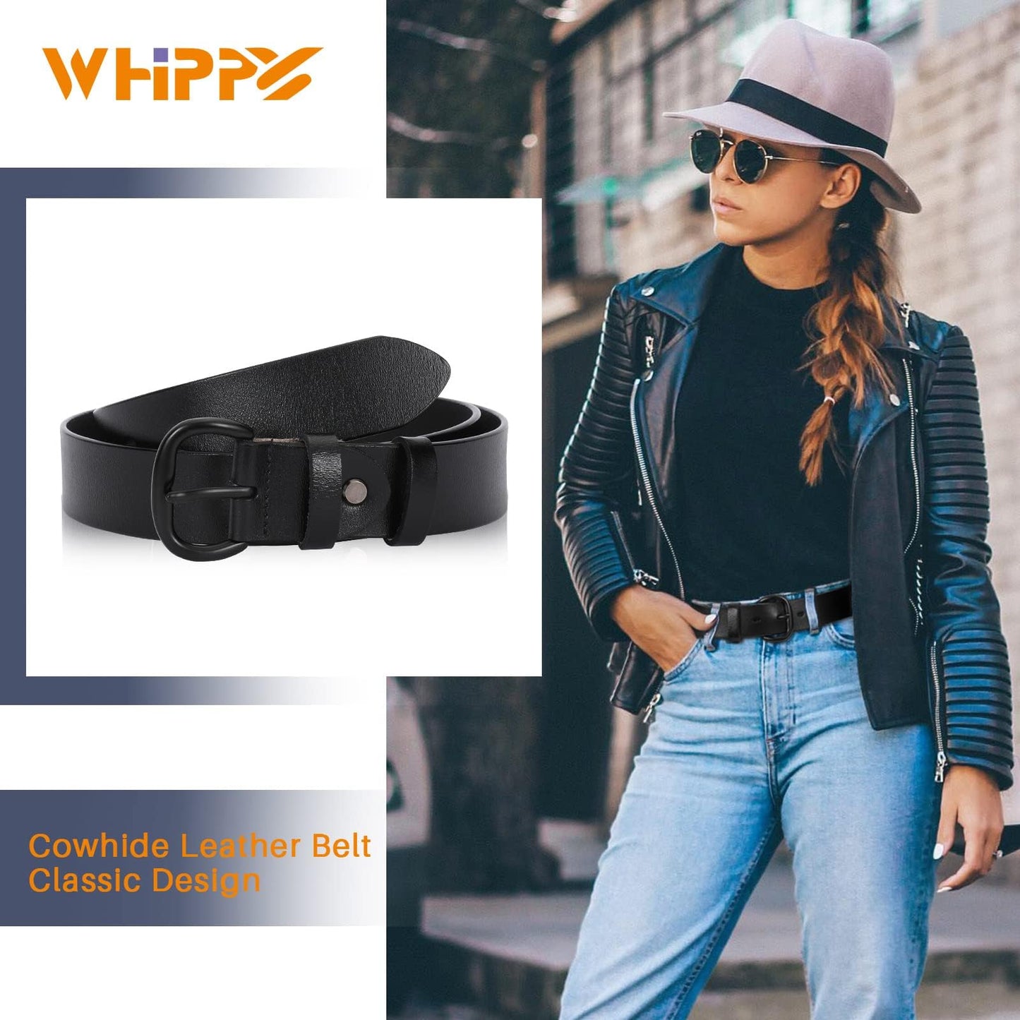 WHIPPY Women Leather Belt for Jeans Pants Dresses Black Ladies Waist Belt with Pin Buckle, Black, S