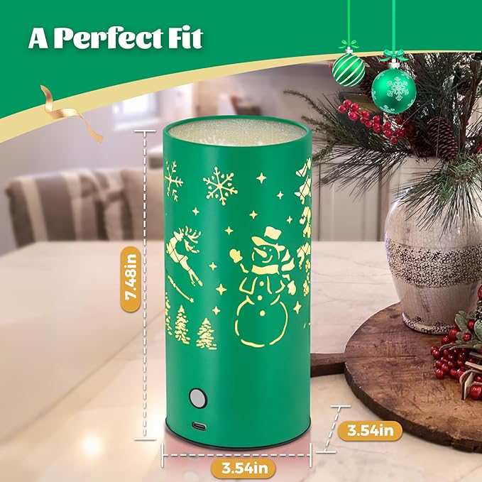 Christmas Table Lamp with Hollow-Out Design - Rechargeable Touch Control Dual Color LED, Warm/Cool White Metal Decor for Home Desk Party, 1200mAh Battery - 2pack(Greed)
