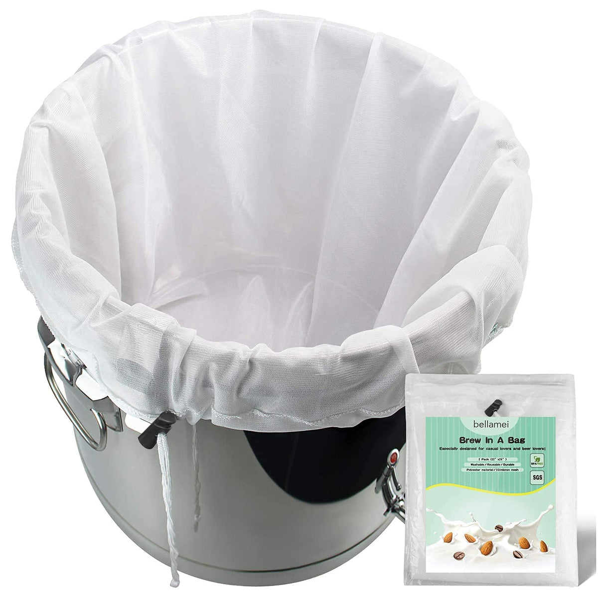 Bellamei Brew Bags Extra Large Reusable 2 Pack 250 Micron Fine Mesh Bag for Fruit Cider Apple Grape Wine Press Drawstring Straining Brew in a Bag (2 pack-22"×26")