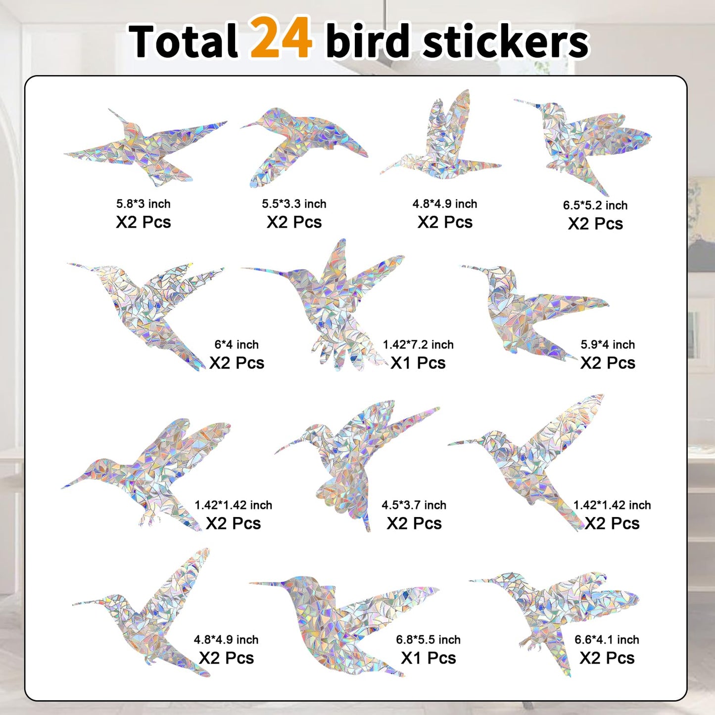 Window Decals to Prevent Bird Strikes, 24 Pieces Window Clings Stickers for Birds Strike Prevention (Bird)