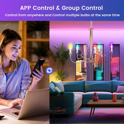OHLUX 6 Pack E12 Smart Candelabra LED Light Bulbs, Color Changing Compatible with Google Alexa and Smart Life, 4W 40W Equivalent WiFi Candle Bulbs with Remote Control, Timer