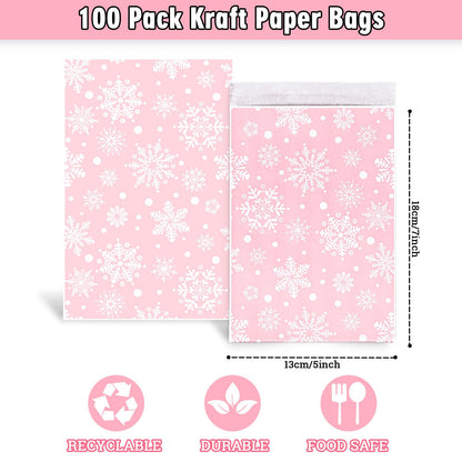 Whaline 100Pcs Winter Snowflake Treat Bags Pink Self-Adhesive Snowflake Candy Buffet Paper Bag Goodie Snack Gift Bags for Xmas Holiday Party Favors