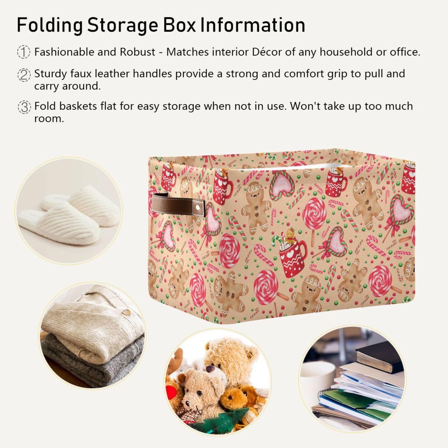 Christmas Gingerbread Candy Rectangular Storage Basket Organizer Bin Shelf Candy Cane Baskets For Clothes Gifts For Home Office Dorm
