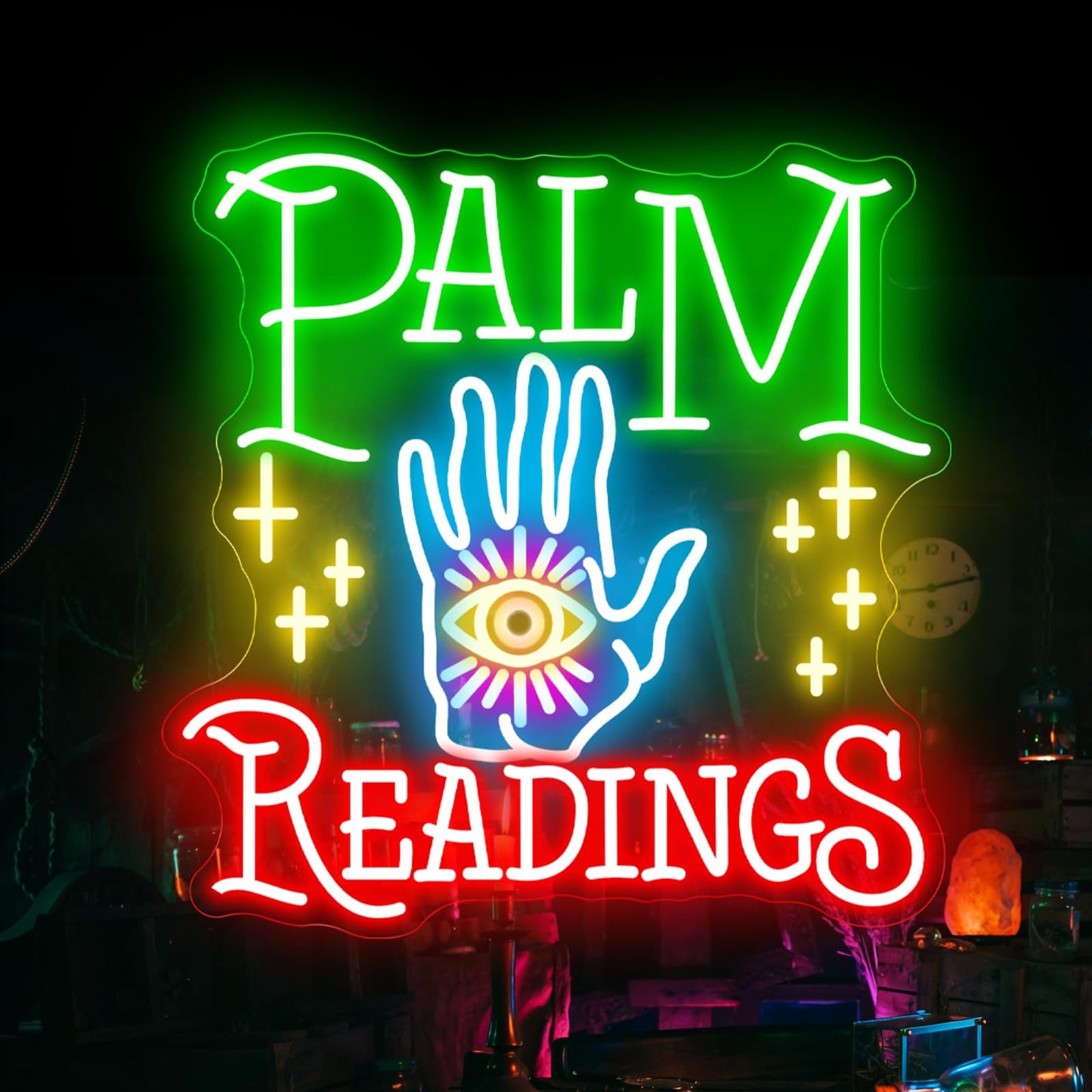 Palm Readings Neon Sign, Fortune Teller LED Neon Sign Wall Decor, Psychic Tarot Reading Neon Signs for Wall Decor, Mystical Neon Sign for Bedroom Studio Lounge 18.9”×18.5”