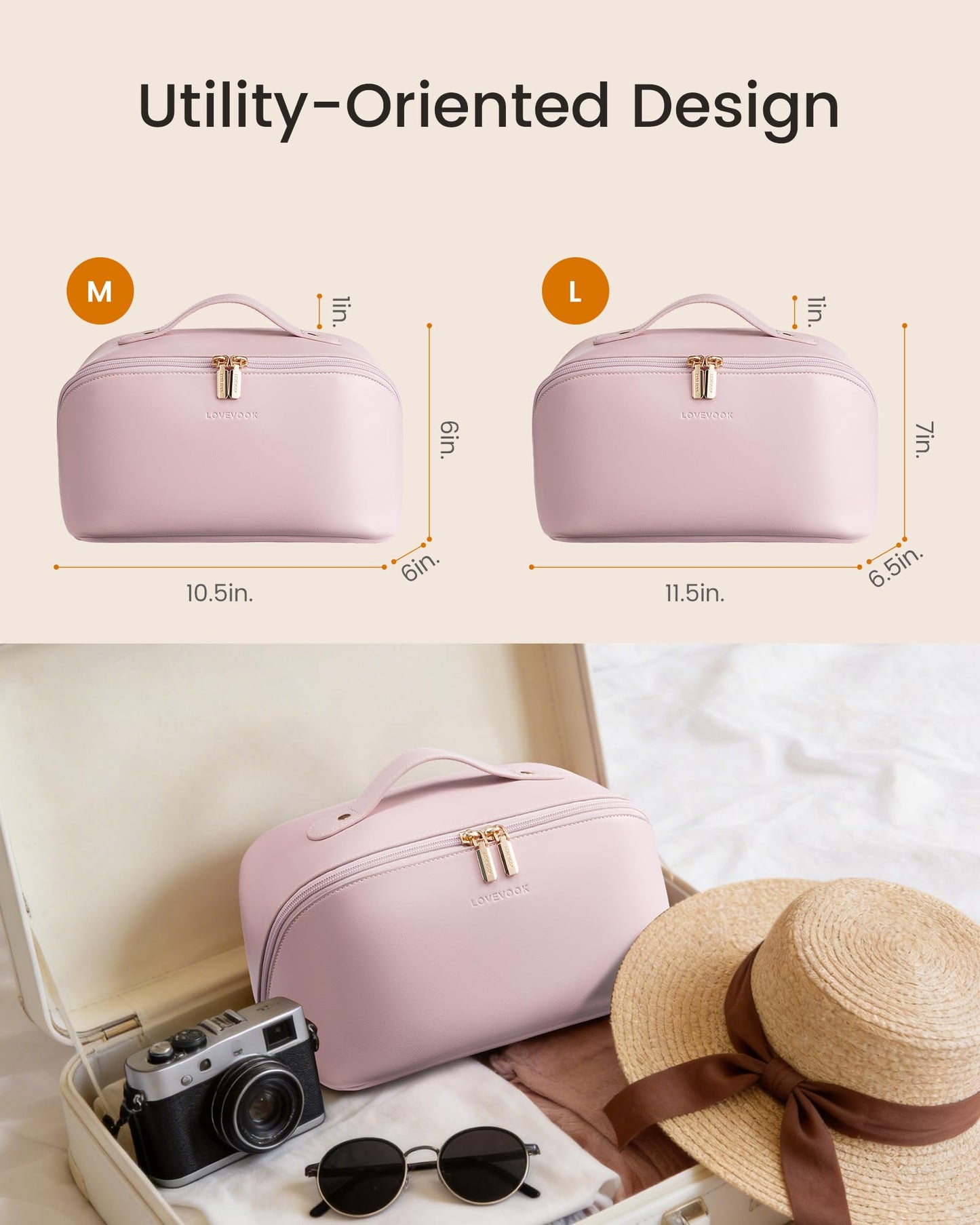 LOVEVOOK Travel Makeup Bag for Women, 2Pcs Large Capacity Cosmetic Organizer Bag, Waterproof PU Leather, Flat Open Portable Small Toiletry Pouch for Skincare, Brushes & Travel Essentials