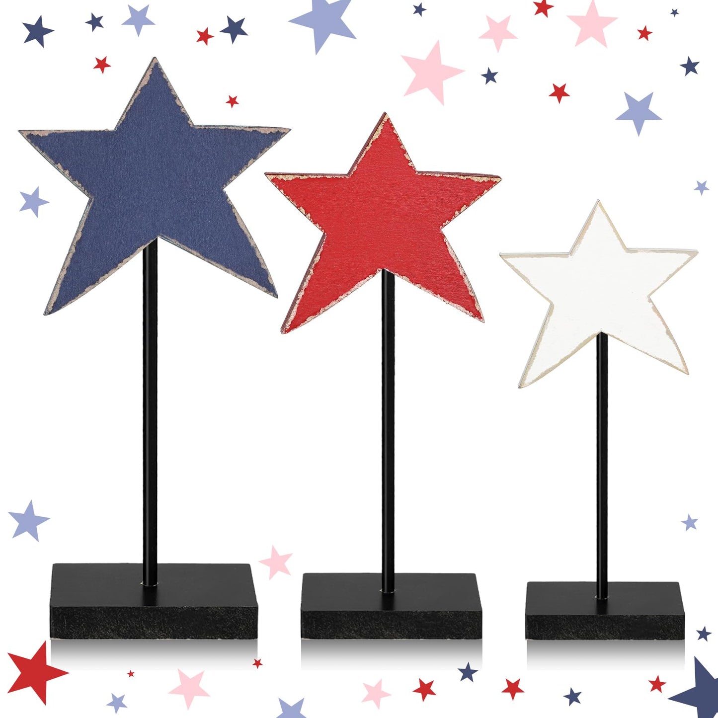 DoubleFill 3 Pcs 4th of July Patriotic Star Decorations 250th Anniversary Memorial Day Table Decoration Red Blue White Star Sign Standing Independence Day Tabletop Centerpieces for Home Office Decor