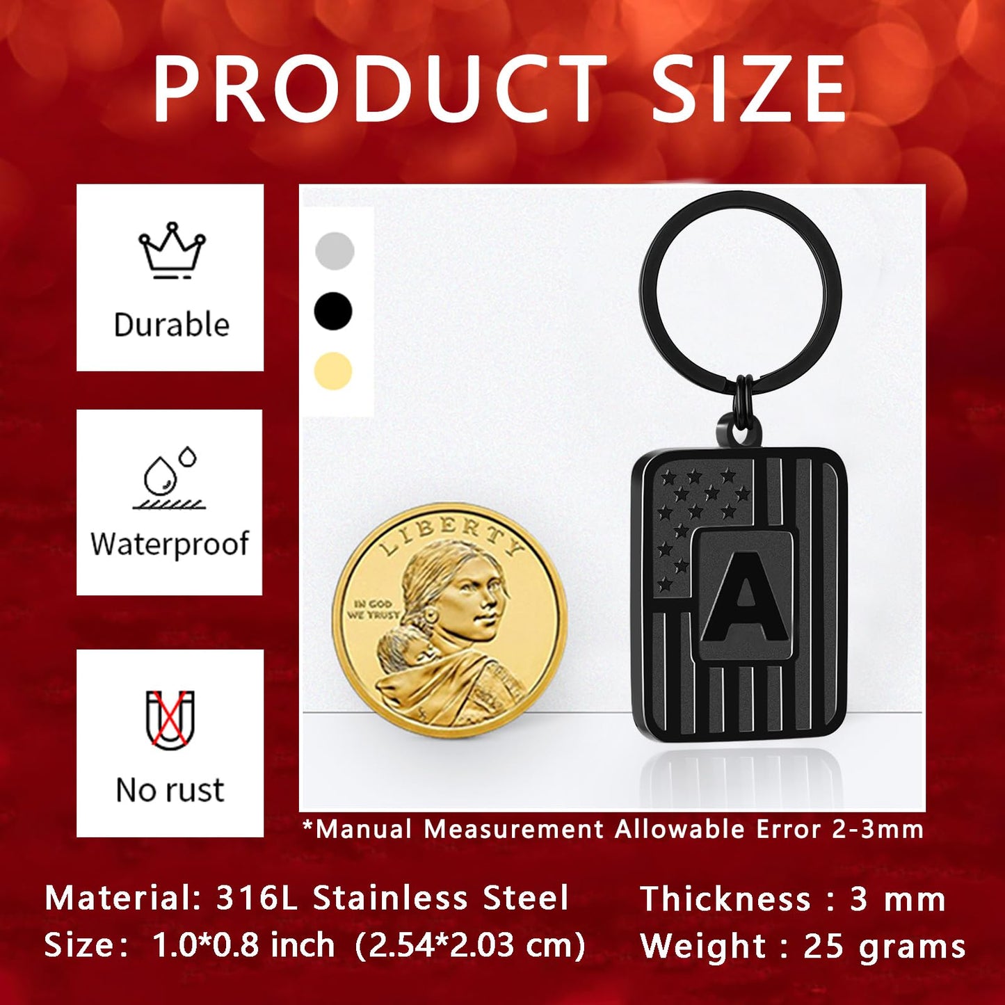 Miss Chipmunk Initial Keychain Gifts for Men Dad,Letter American Flag Dog Tag Keychain for Men Him Dad(Black B)