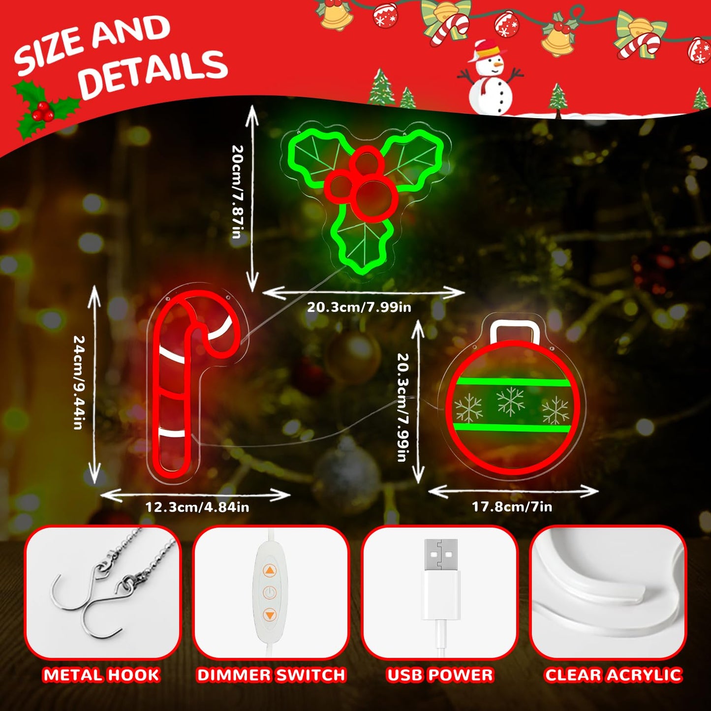 hhuohuona Christmas Neon Sign 3-Piece Dimmable Lighted Holly Berry Christmas Ball Candy Cane Led Sign Xmas Window Lights Holiday Party Light Up Signs for Wall Decor