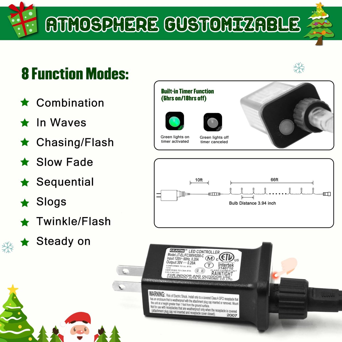 JMEXSUSS 200 LED White Christmas Lights Outdoor, 66ft Connectable Christmas Tree Lights Indoor Green Wire, 8 Modes Waterproof Twinkle String Lights Plug in for Wedding Party Xmas Decorations
