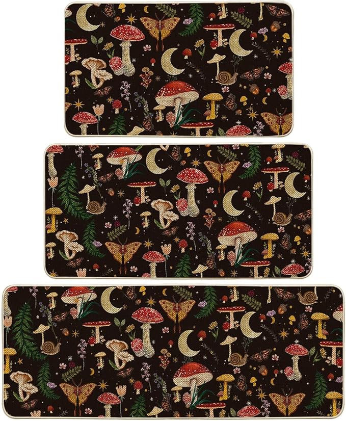 Artoid Mode Black Mushrooms Butterfly Spring Kitchen Mats Set of 3, Home Decor Low-Profile Kitchen Rugs for Floor - 17"x29"+17"x36"+17"x47"