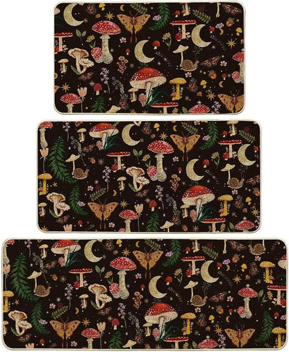 Artoid Mode Black Mushrooms Butterfly Spring Kitchen Mats Set of 3, Home Decor Low-Profile Kitchen Rugs for Floor - 17"x29"+17"x36"+17"x47"