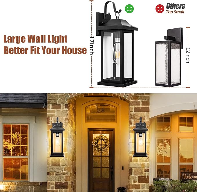 Dusk to Dawn Large Outdoor Wall Light 17 Inch, Exterior Light Fixture Porch Light with Tempered Clear Glass, IP65 Waterproof Anti-Rust Outside Wall Sconce Matte Black Wall Lantern, 1-Pack
