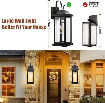 2-Pack Dusk to Dawn Large Outdoor Wall Lights 17 Inch, Exterior Light Fixtures Porch Lights Tempered Clear Glass, IP65 Waterproof Anti-Rust Outside Wall Sconces Matte Black Wall Lanterns