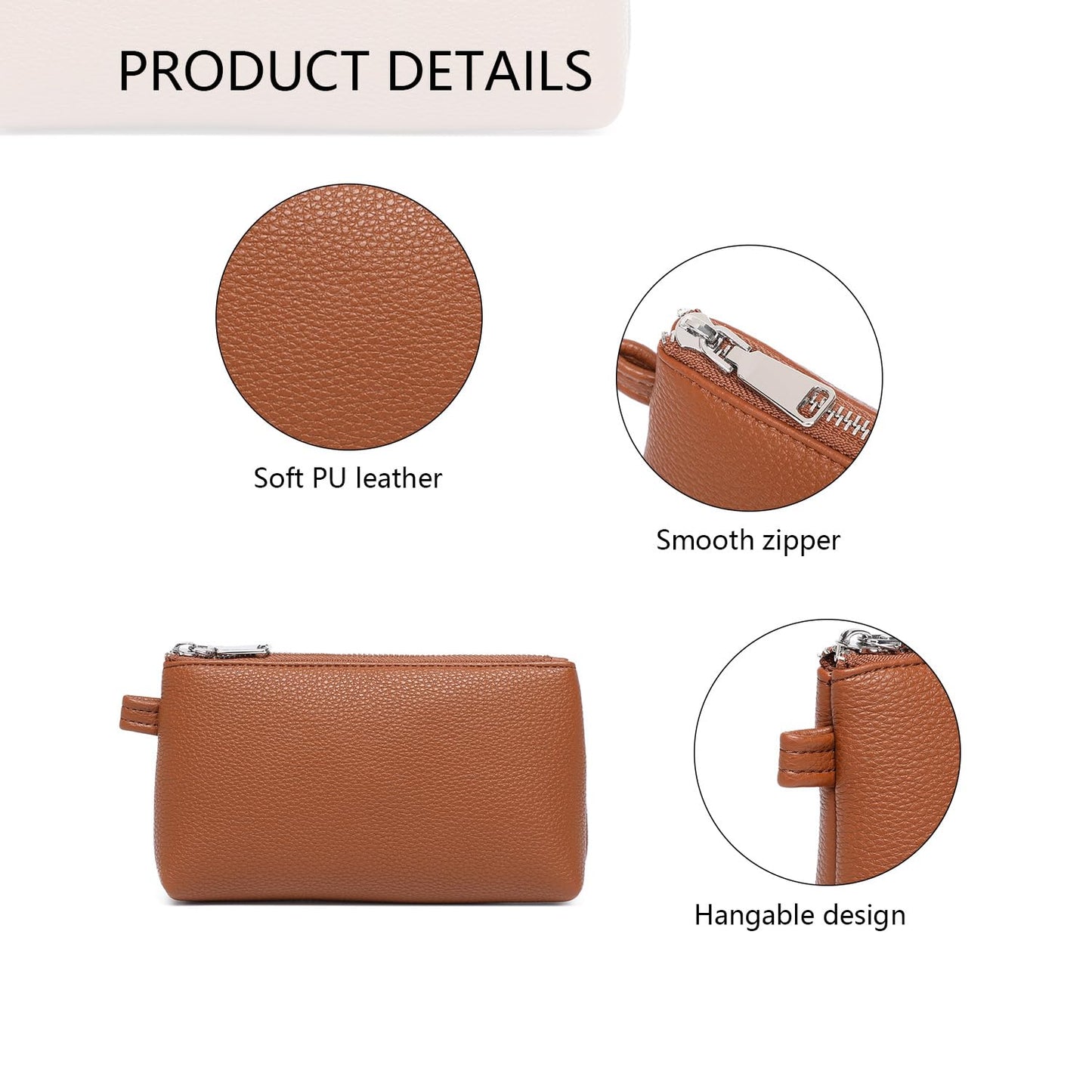 YONBEN PU Leather Small Makeup Bag for Women Cosmetic Bag Organizer with 2 Inner Pockets Zipper Pouch(Pu/Saddle Brown)