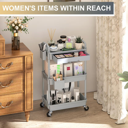 Goovilla 3 Tier Rolling Utility Cart Organizer with Removable Drawer, Stable and Sturdy Black Rolling Storage Carts with 2 Lockable Wheels for Bathroom, Kitchen, Snack, Craft, Makeup, Baby Essentials