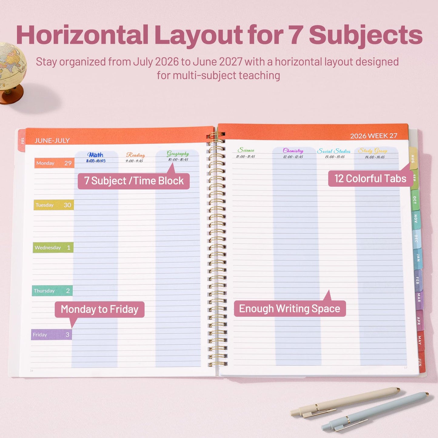 SUNEE Teacher Planner 2026-2027 Academic Year, 7 Periods Lesson Plan Book Jul 2026 - Jun 2027, 8.5"x11"Daily Weekly Monthly Organizers Horizontal Layout with Calendars, Bookmark, Tabs, Pocket, Peony