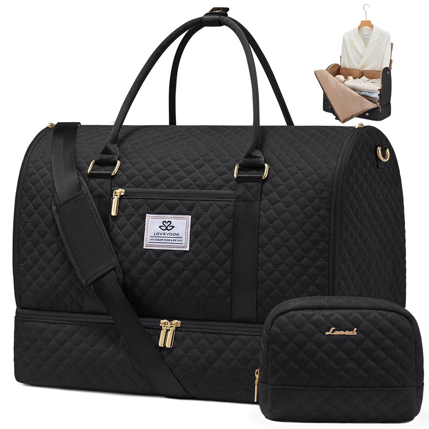 LOVEVOOK Convertible Garment Bag for Travel with Shoe Compartment, Carry On Garment Duffel Bag with Toiletry Bag, 2 in 1 Hanging Suitcase Suit Bag, Weekender Bag for Women Travel, Wedding, Black