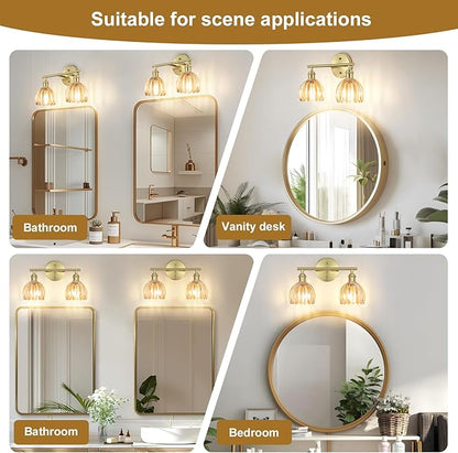 Vintage Bathroom Light Fixtures,2-Light Hardwired Vanity Lights Over Mirror,Gold Wall Sconces with Amber Tulip Glass Shade for Bathroom Living Room,E26 Socket(Bulbs Not Included)