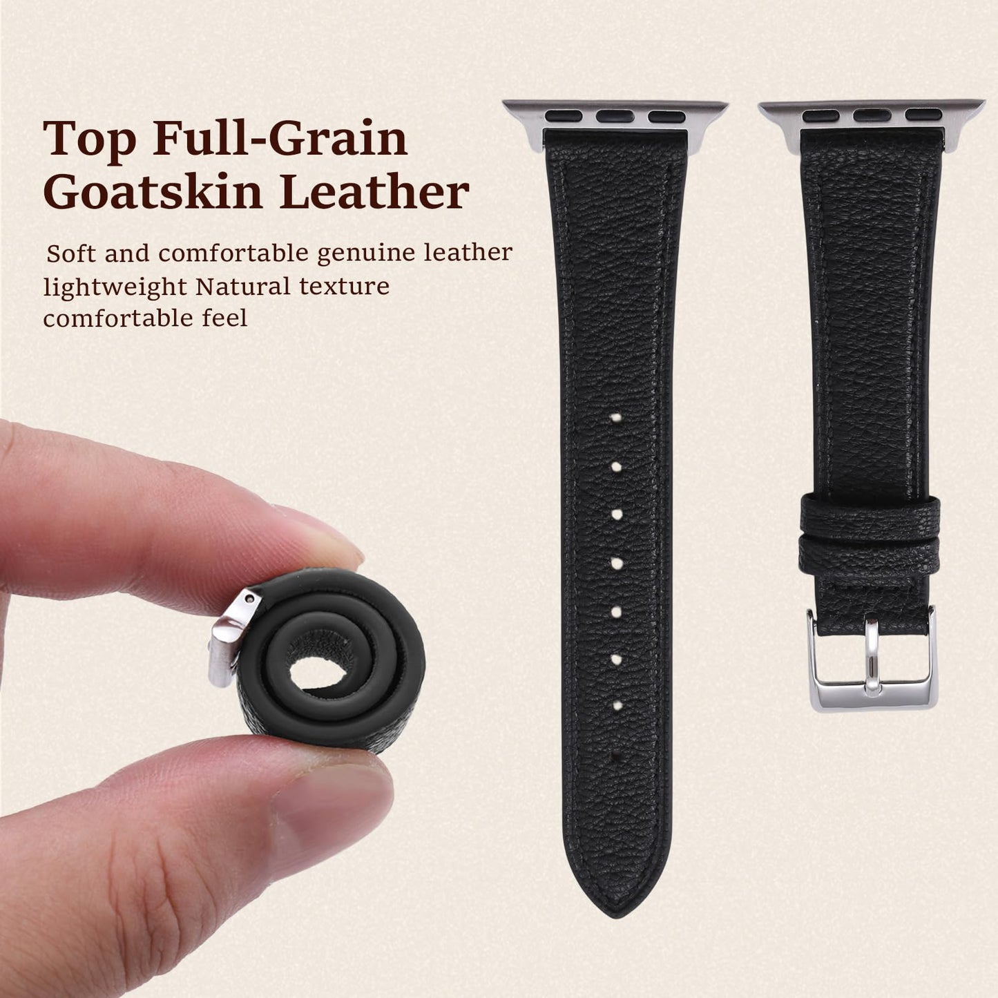 Thin French Goatskin Women's Soft Leather Band Compatible with Apple Watch 38mm 40mm 41mm 42mm 44mm 45mm 46mm 49mm, Lightweight Slim Leather Strap for iWatch Series Ultra SE 11 10 9 8 7 6 5 4 3 2 1