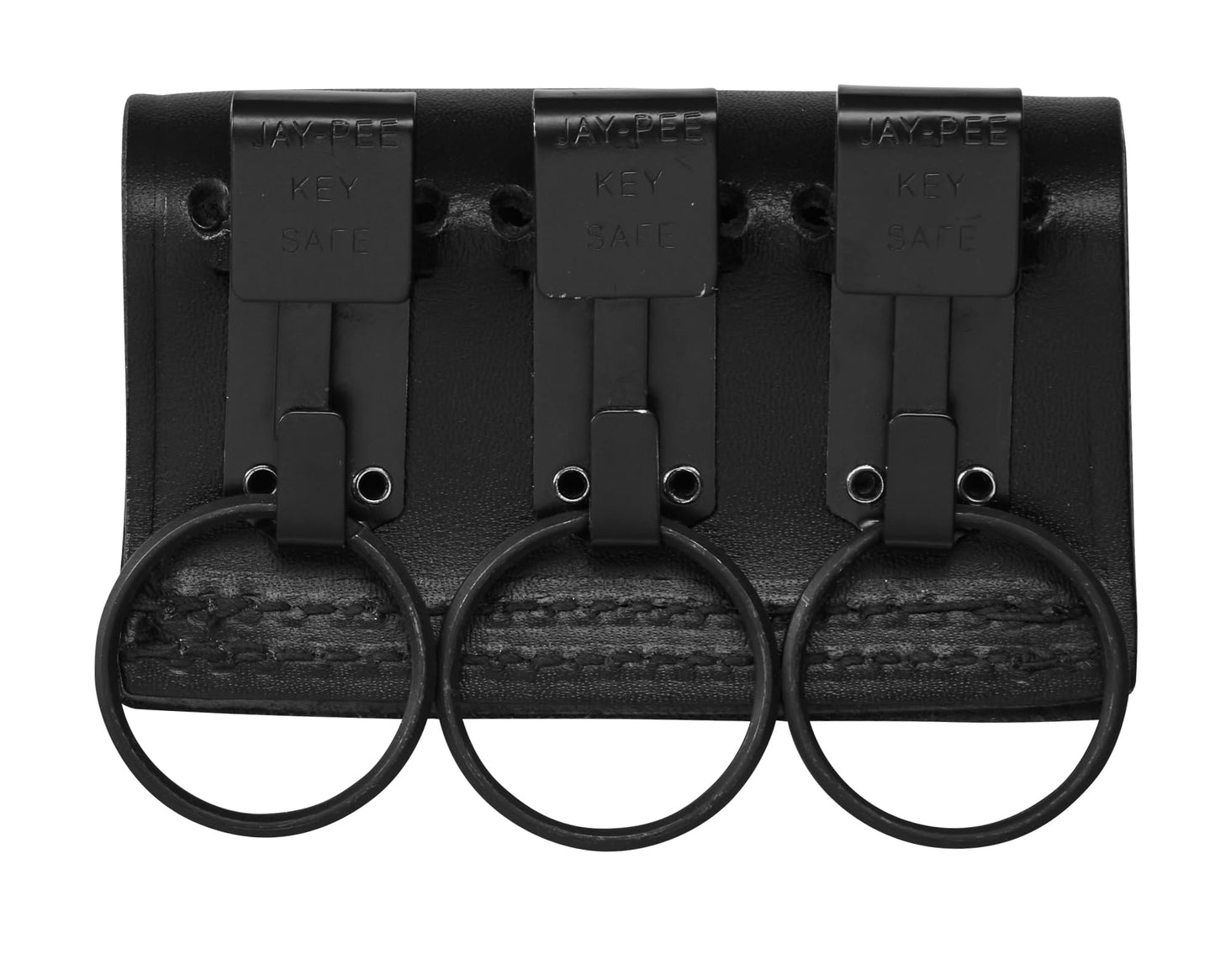 Jay-Pee Black Leather Duty Belt Key Holder, Officer Accessory, Law Enforcement Ring Carrier, Tactical Belt Loop Keychain for Security with 3 Black Detachable Key Ring Safety Hook for up to 2.25" Belts