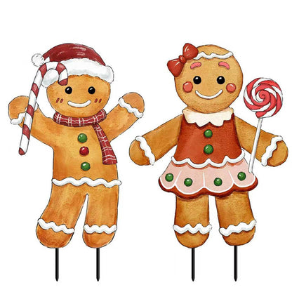 Christmas Decorations Outdoor, 2Pcs Gingerbread Man Metal Yard Signs with Stakes, Xmas Winter Signs for Garden House Lawn Pathway Patio Outside