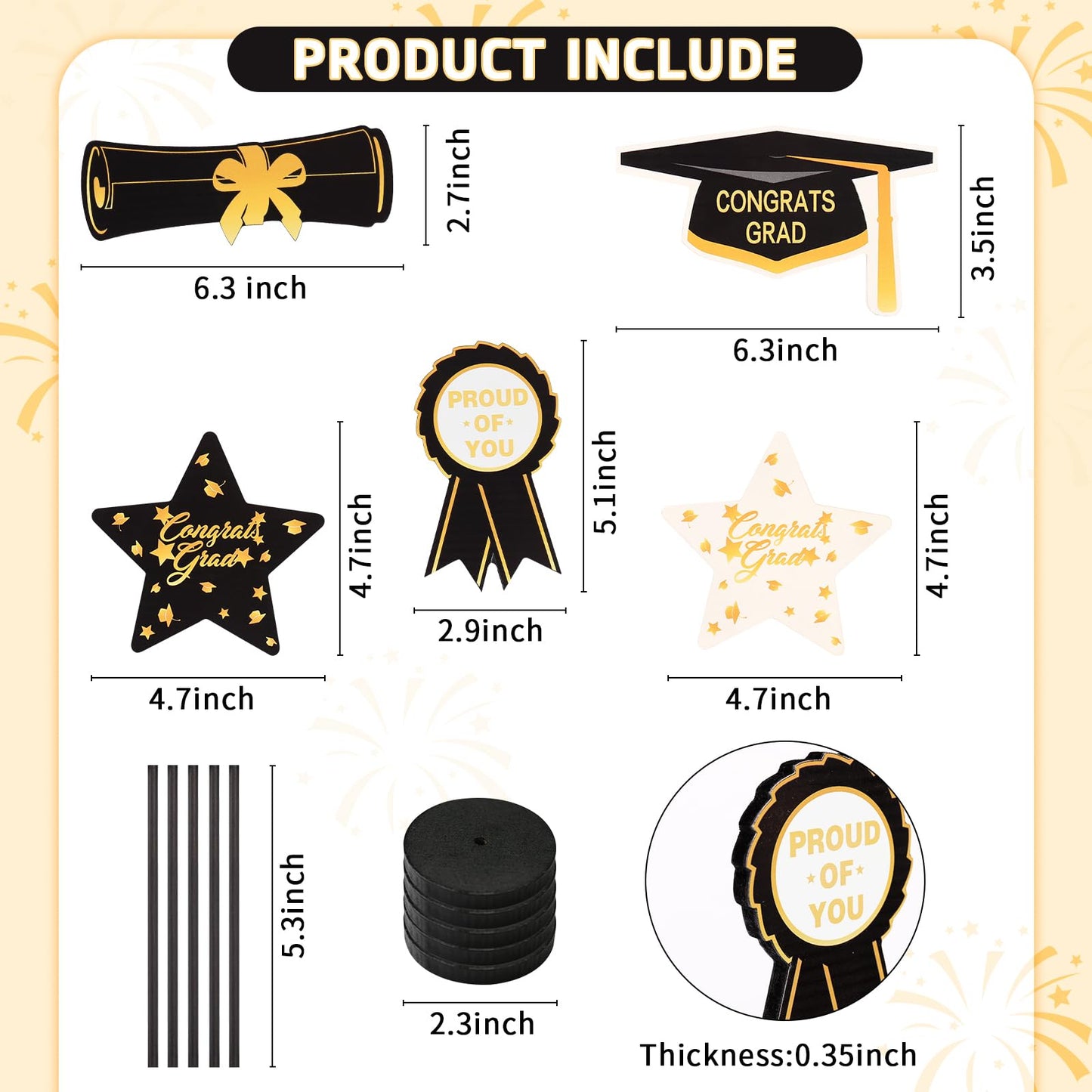 2026 Graduation Decorations, 5Pcs Black Gold White Wooden Table Centerpieces Decor Include Grad Cap Diploma Star Supplies Medal Sign, of Congrats Graduation Day Class Party Decoration.
