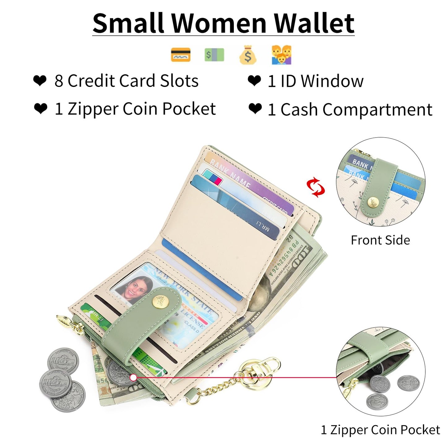 GAEKEAO Small Wallet for Women RFID Blocking Bifold Card Holder Vegan Leather with Zipper Coin Pocket, ID Window, Keychain