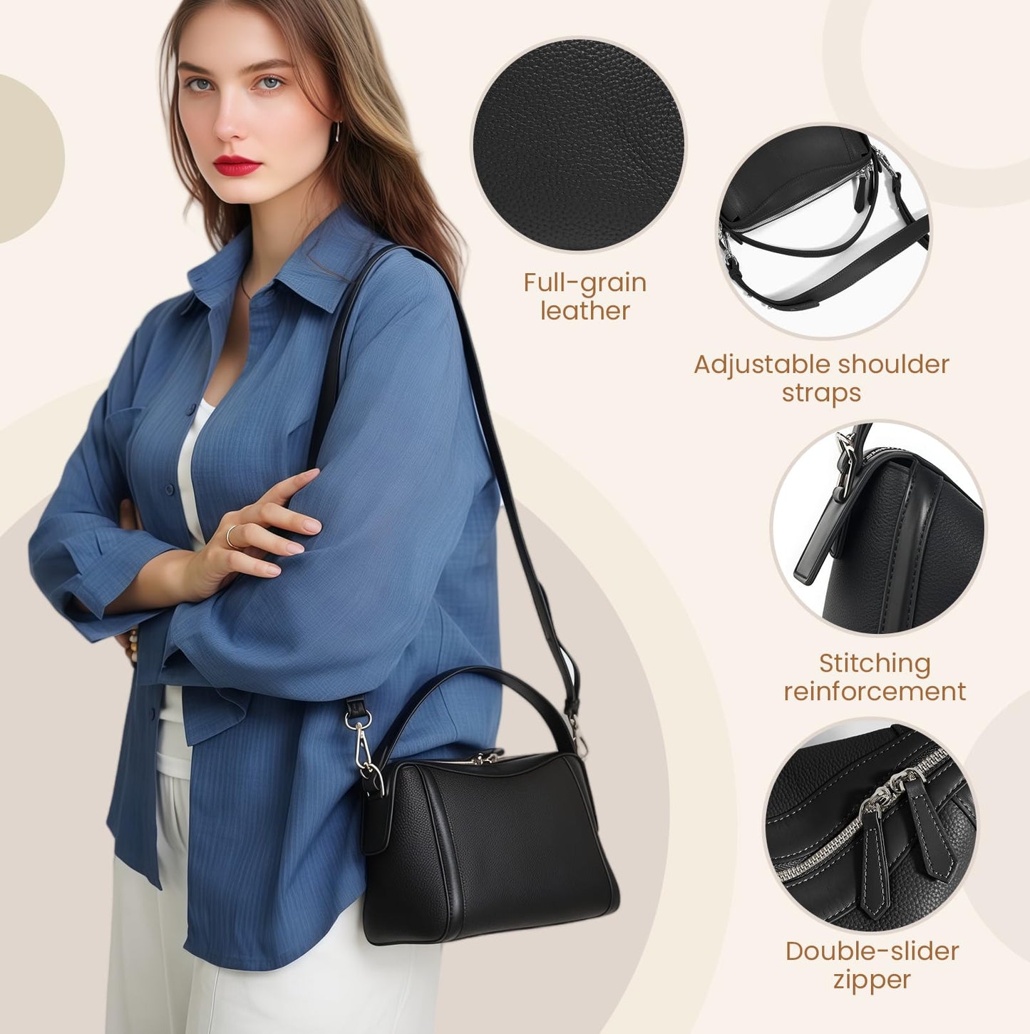 Rosvovo Genuine Leather Purse for Women with Top Handle，Leather Satchel purse Crossbody Bags Handbag with Adjustable Strap Black