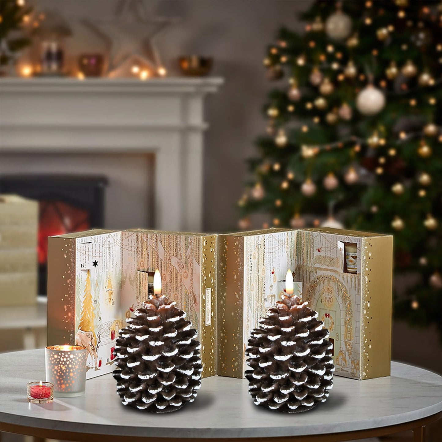 DRomance Flameless Pinecone Candles Battery Operated with 6 Hour Timer Set of 2 Real Brown Wax 3D Wick LED Flickering Pillar Candles Christmas Holiday Decor(White, 3.5 x 6 Inch)