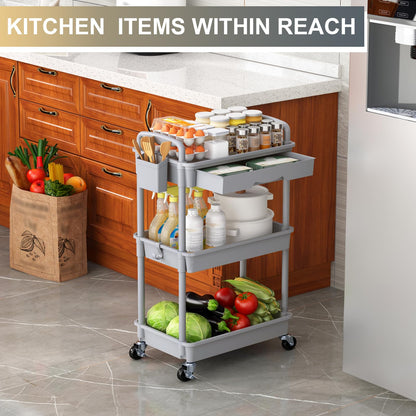 Goovilla 3 Tier Rolling Utility Cart Organizer with Removable Drawer, Stable and Sturdy Black Rolling Storage Carts with 2 Lockable Wheels for Bathroom, Kitchen, Snack, Craft, Makeup, Baby Essentials