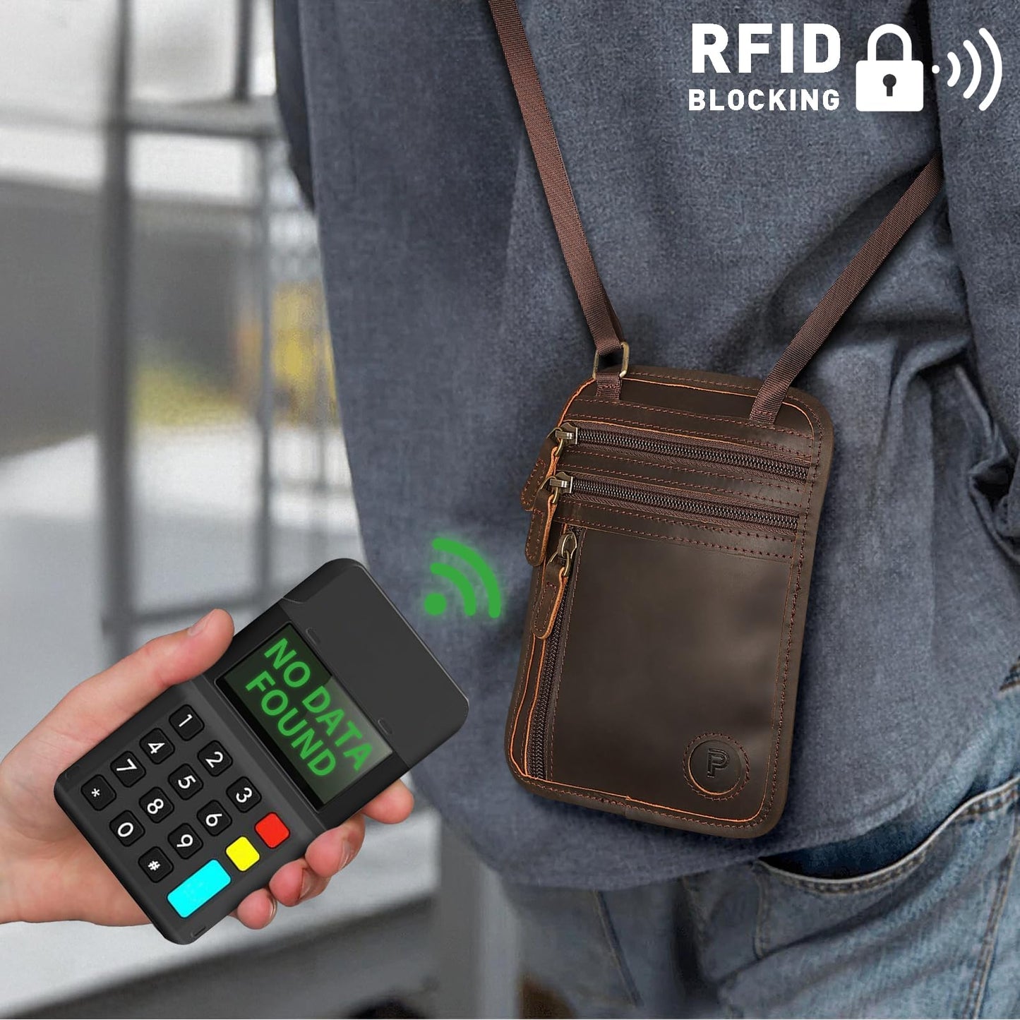 Polare Full Grain Leather Neck Wallet RFID Blocking Conceal Passport Holder Travel Pouch with AirTag Slot for Men