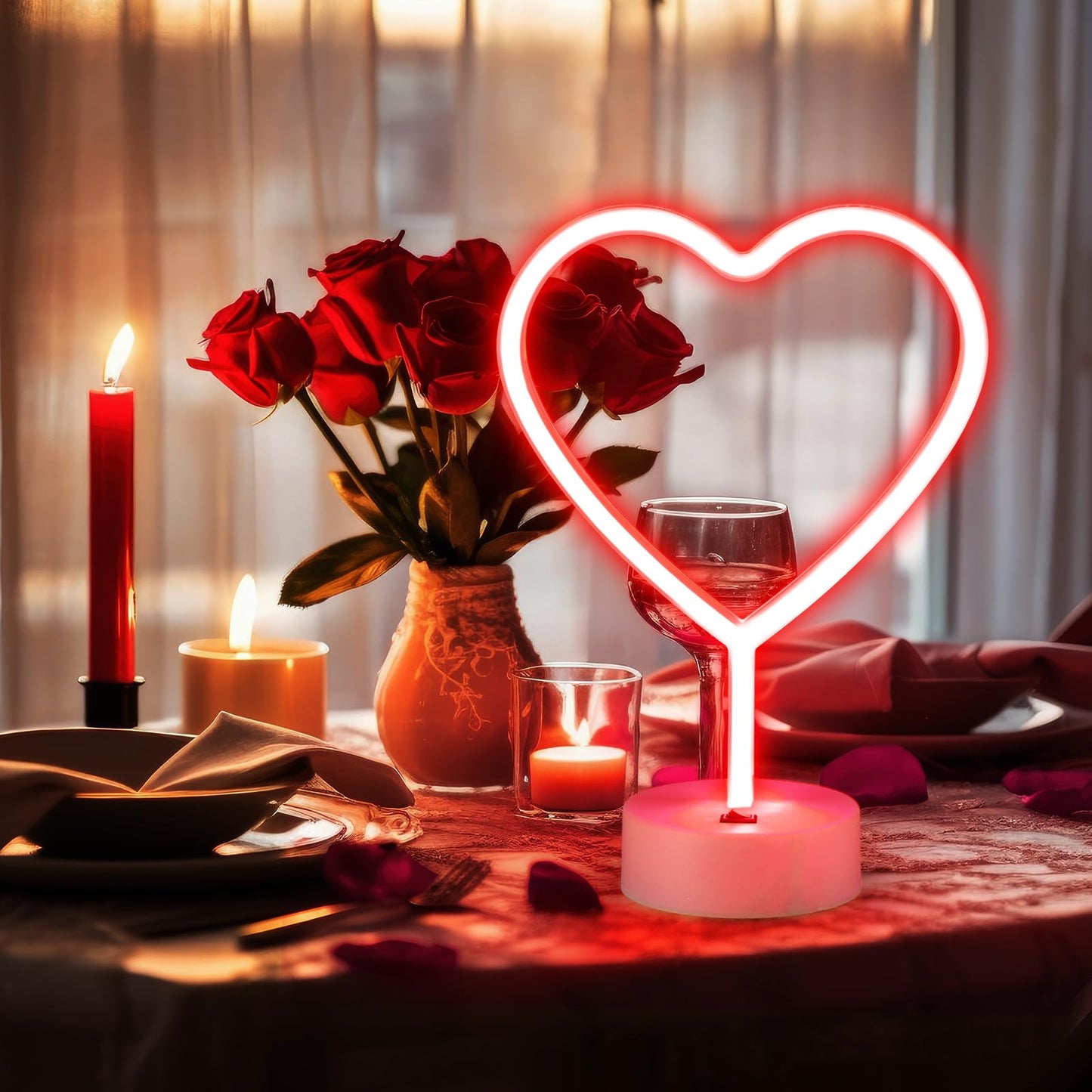 Retisee 2 Pack Heart Neon Signs with Holder Base LED Neon Light USB or 3-aa Battery Powered Heart Light for Valentine Gifts, Bedroom, Wedding, Pink Room Decor(Red)