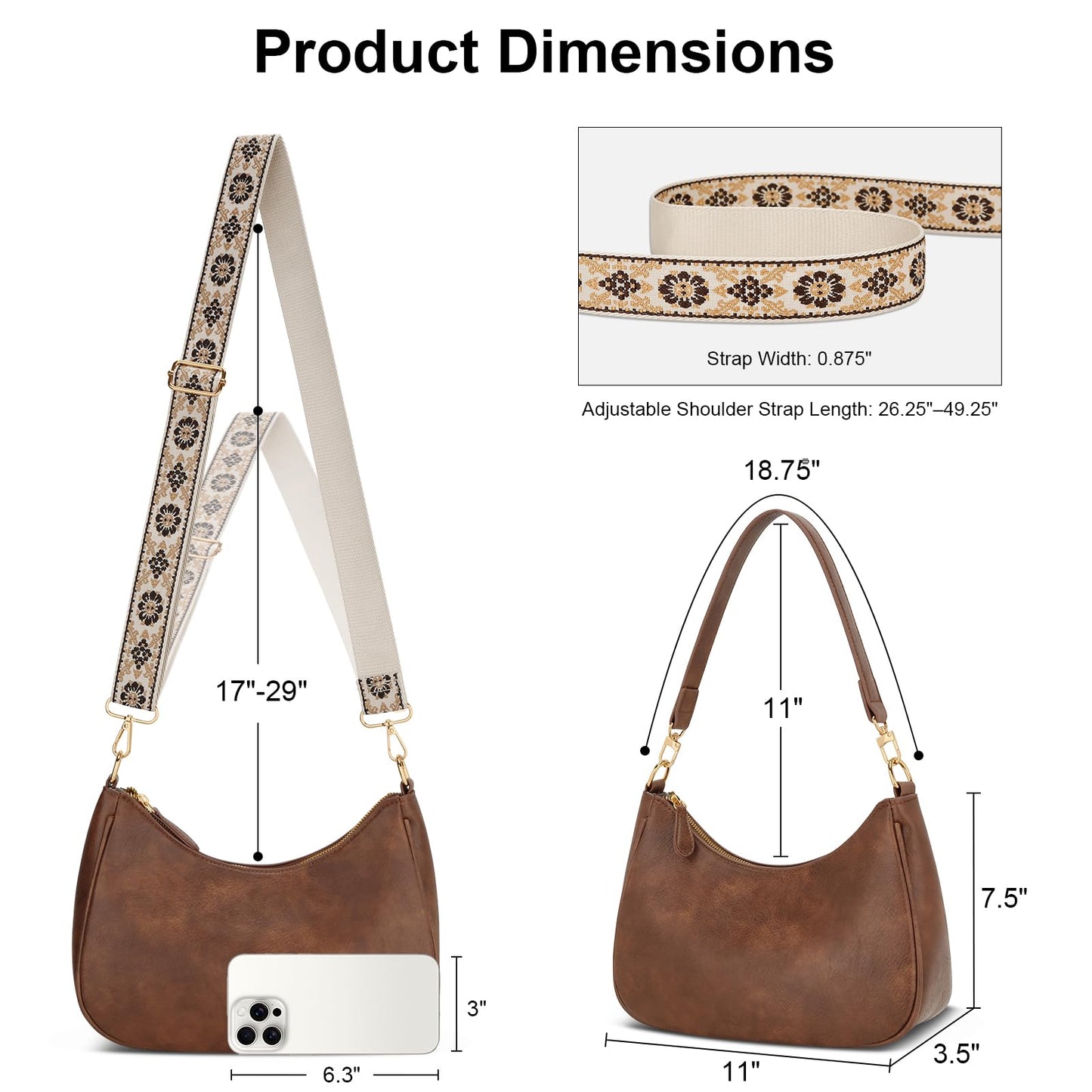 KKXIU Small Cute Purses for Women - Vintage Shoulder Bag, Boho Crossbody Bag with Detachable Ajustable Wide Strap, Trendy Hobo Handbags, PU Leather Clutch Purse (Brown)