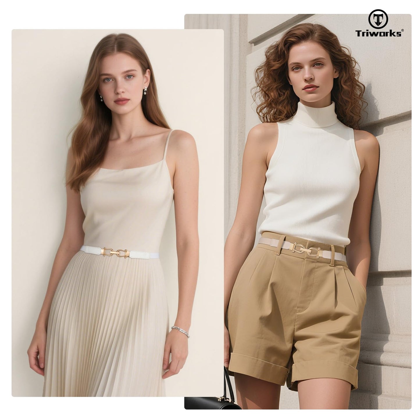 TRIWORKS 4 Pack Skinny Elastic Belts for Women Gold Buckle Thin Stretchy Waist Belts for Dresses