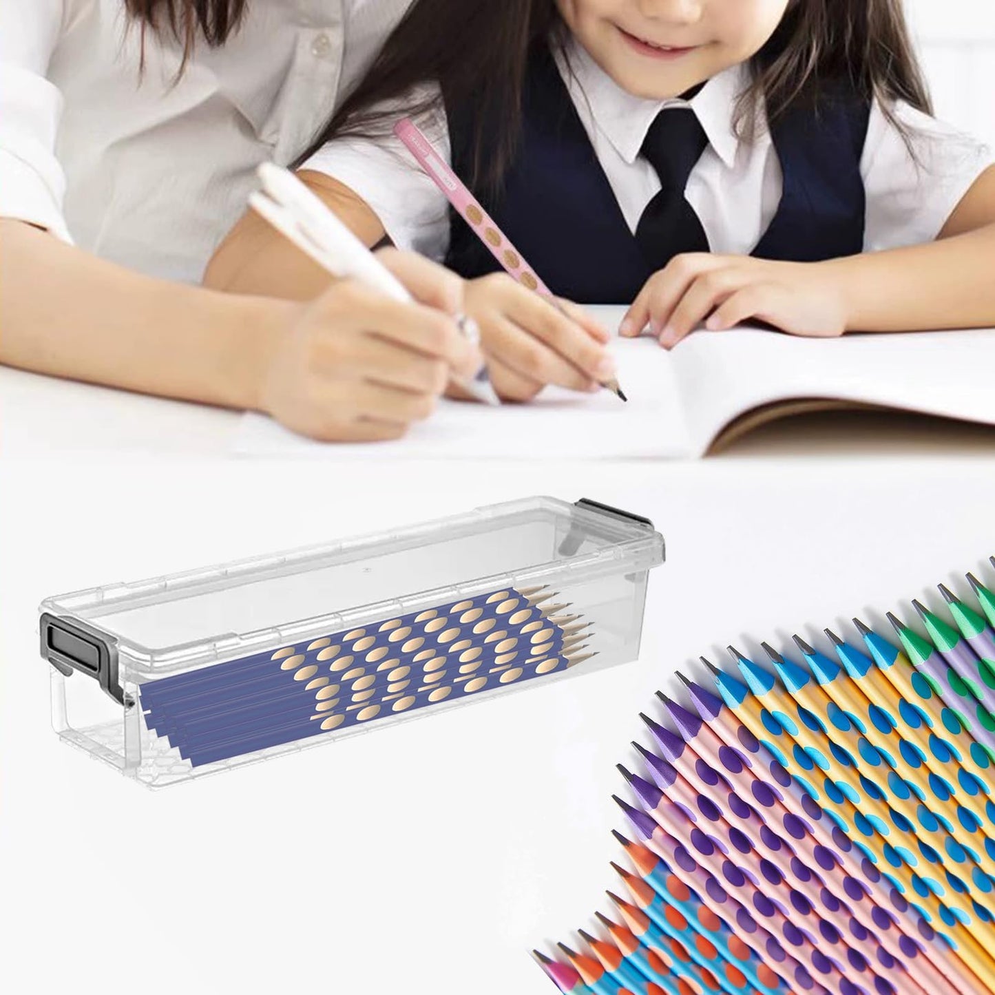 Chistepper 4 Packs Extra Long Pencil Box Large Capacity Pencil Case Clear Plastic Storage Container Long Paint Brush Storage Box Plastic Pencil Holder with Latching Lids (Transparent + Grey)