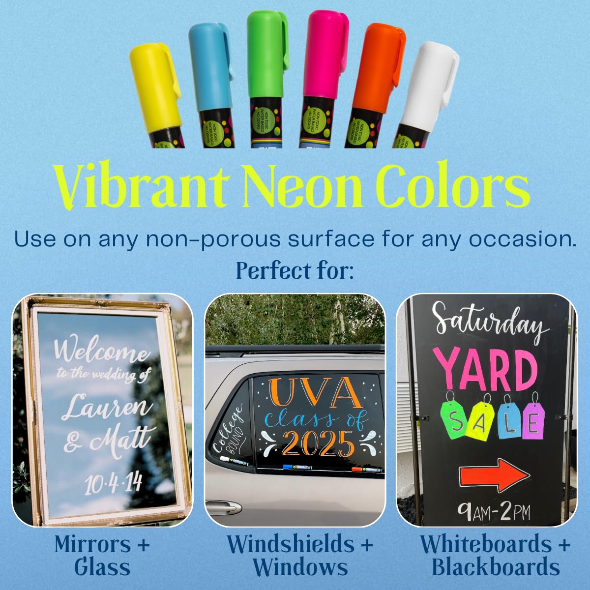 MoodClue Liquid Chalk Markers for Glass Erasable – 6 Neon Wet & Dry Erase Chalk Markers, Reversible Fine & Bold Tip, Washable Window, Mirror, Whiteboard, Blackboard & Car Window