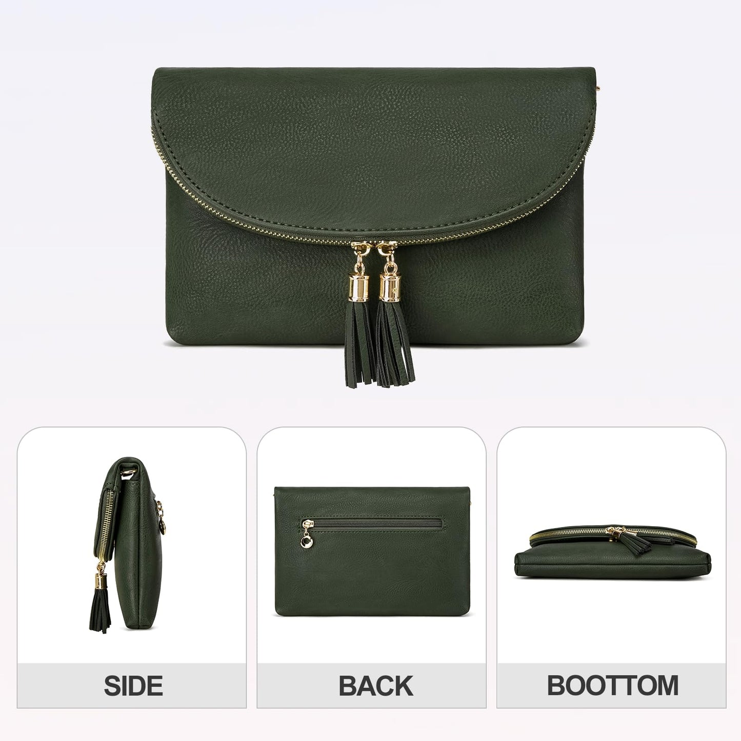 Solene Women's Envelop Clutch Crossbody Bag With Tassels Accent (WU075-Olive)