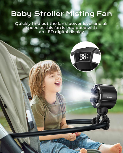 Shirble 6000mAh Misting Fan for Stroller, 3 Speeds Portable Clip Fan with Intermittent/Continuous Spray, 14H Cooling, Detachable Mount, Timer & Night Light for Baby (100ML Water Tank) - Black