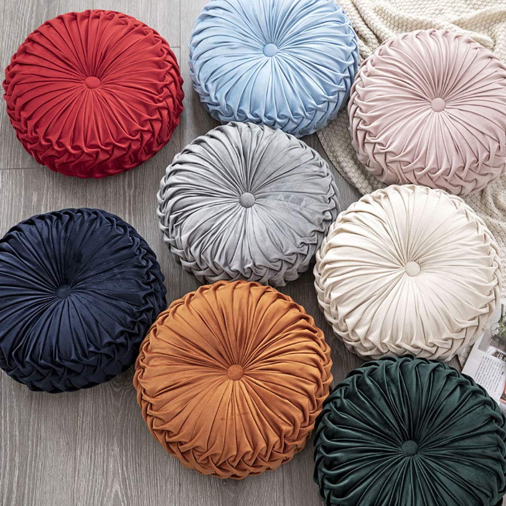Teieas Round Throw Pillow Velvet Home Decoration Pleated Round Pillow Cushion for Couch Chair Bed Car Beige