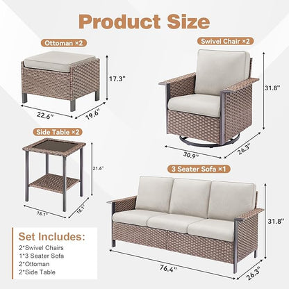 Outdoor Patio Furniture Set Swivel Chairs-7 Pieces All-Weather Wicker 3 Seater Sofa with 2 Ottomans Rattan Side Table, Wicker Sofa Outdoor Furniture for Porch Deck Backyard Brown/Beige