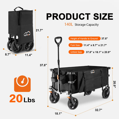 Uyittour 140L Collapsible Wagon Cart Foldable, Folding Utility Grocery Cart with Side Pocket and Brakes for Shopping, Sports, Camping and Garden, Black