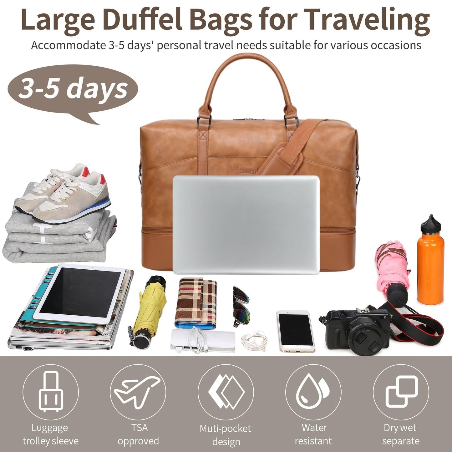 Faux Leather Weekender Bags for Women: Large Overnight Bags Travel Duffel Carry On Weekend Tote with Shoe & Laptop Compartment for Airplane Traveling Gym, Brown