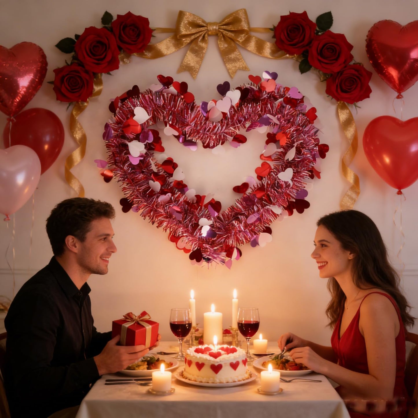 Valentines Day Garland with Hearts, 50 Ft Pink Red Glitter Tinsel Garland for Wedding Party Decorations, Metallic Hanging Decor for Home Indoor Outdoor, Mantel Table