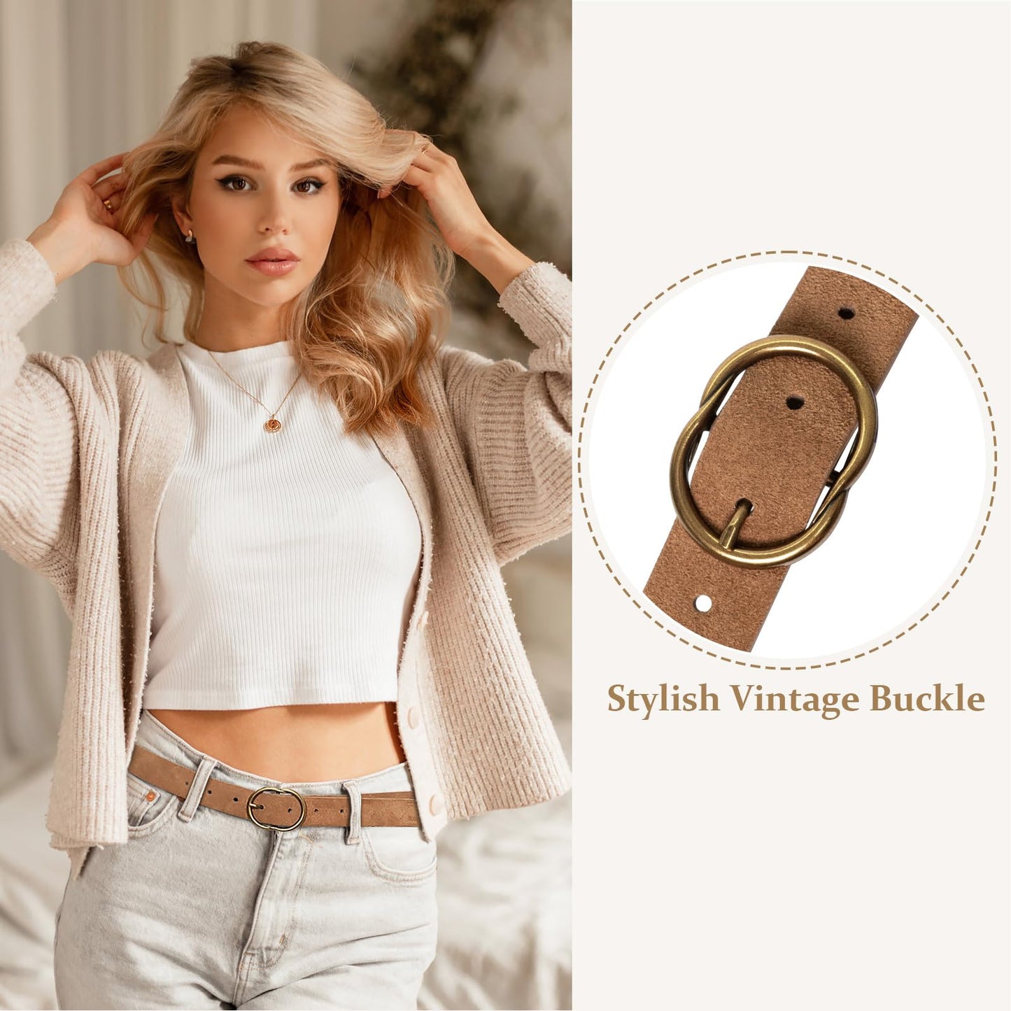 JIEDE Suede Women's Belt Fashion Brown Waist Belt for Women Adjustable Ladies Skinny Belts for Jeans Pants Dress (Brown01Suede-width 28mm, S - Fits Waist 30''-34'')